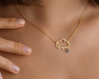 Custom Cloud Name Necklace, New Mom Necklace, Evil Eye Cloud Name Necklace, 14K Gold Personalized Cloud Necklace, Mother's Day Gift