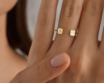 Personalized Initials and Heart Adjustable Gold Ring, Minimal Stackable Name Ring for Women, Customizable Gift Ring, Gift for Christmas