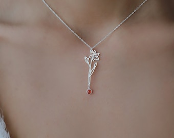 Birth Flower Necklace With Birthstone - Dainty Personalized Minimalist Jewelry - Custom Birthday Gift For Her