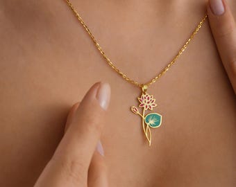 Birth Flower Necklace, Personalized Birth Month Flower Necklace, Dainty Floral Pendant, Gold Flower Necklace, Birthday Gift for Her