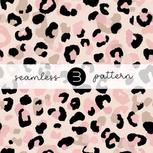 May include: Seamless pattern featuring a leopard print design in black, pink, and tan spots on a light pink background. The words "seamless 3 pattern" are displayed across the image.