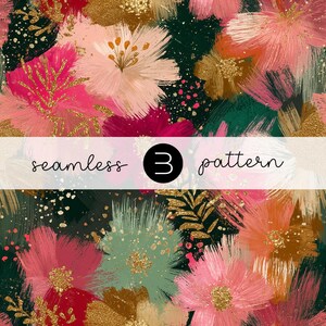 May include: Seamless pattern featuring abstract floral designs in shades of pink, gold, and green. The design includes brushstroke textures and the text "seamless 3 pattern" on a white banner.