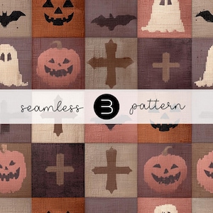 Peut inclure: Un motif d'Halloween sans couture avec des carrés contenant des chauves-souris, des citrouilles, des fantômes et des croix dans des tons de marron, d'orange et de beige. Le texte "seamless 3 pattern" est affiché au centre de l'image.