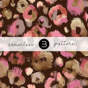 May include: Seamless pattern with a leopard print design. The pattern features abstract shapes in shades of pink, gold, and brown, with the text "seamless 3 pattern" in a white banner.
