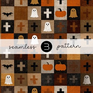 Può includere: Motivo di Halloween senza cuciture con una griglia di quadrati. Il motivo include fantasmi, zucche, croci e pipistrelli nei toni del marrone, arancione e nero. Il testo "seamless 3 pattern" è visualizzato.