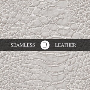 Puede incluir: Patrón de cuero blanco sin costuras y texturizado. El diseño presenta un patrón de escamas de reptil. Una pancarta gris oscuro en la imagen dice "SEAMLESS 3 LEATHER" en texto blanco.