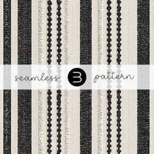 Puede incluir: Patrón sin costuras con rayas verticales en negro y blanco roto. El diseño incluye rayas negras texturizadas y líneas decorativas con cuentas. El texto "seamless 3 pattern" se muestra en la imagen.
