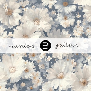 May include: A seamless floral pattern featuring large white daisies with yellow centers and smaller white flowers on a muted blue background. The text "seamless 3 pattern" is displayed across the image.