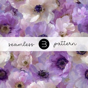 Peut inclure: Un motif floral sans couture de style aquarelle. Les fleurs sont principalement violettes, lavande et blanches, avec des centres violets foncés. Le texte "seamless 3 pattern" est superposé à l'image.
