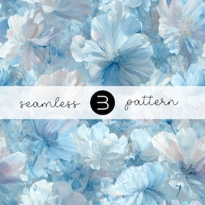 Puede incluir: Un patrón sin costuras con grandes flores estilizadas en tonos azul claro, blanco y toques de rosa. La imagen incluye el texto "seamless 3 pattern" en una fuente manuscrita.
