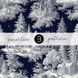 May include: A seamless pattern in a toile de Jouy style, depicting a forest scene with deer, trees, and buildings in white against a dark blue backdrop. The text "seamless 3 pattern" is displayed across the image.