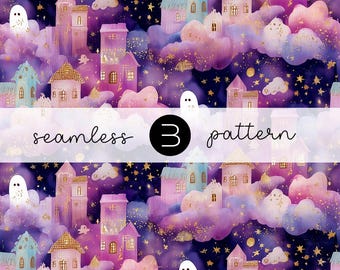 May include: A seamless pattern design showing a night sky scene with pastel houses, clouds, stars, and ghosts. The houses are in pink, blue, and gold, set against a purple and dark blue background. The text "seamless 3 pattern" is displayed.
