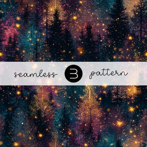 May include: Seamless pattern featuring a dark forest scene with silhouetted trees and a starry night sky. The color palette includes deep blues, purples, and golden yellow accents. The text "seamless 3 pattern" is displayed across the image.