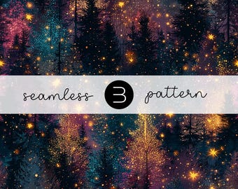 May include: Seamless pattern featuring a dark forest scene with silhouetted trees and a starry night sky. The color palette includes deep blues, purples, and golden yellow accents. The text "seamless 3 pattern" is displayed across the image.