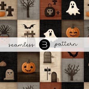 May include: A seamless Halloween pattern featuring a grid of squares with various spooky illustrations. The design includes pumpkins, ghosts, bats, tombstones, and a skull lantern. The text "seamless 3 pattern" is overlaid on the design.