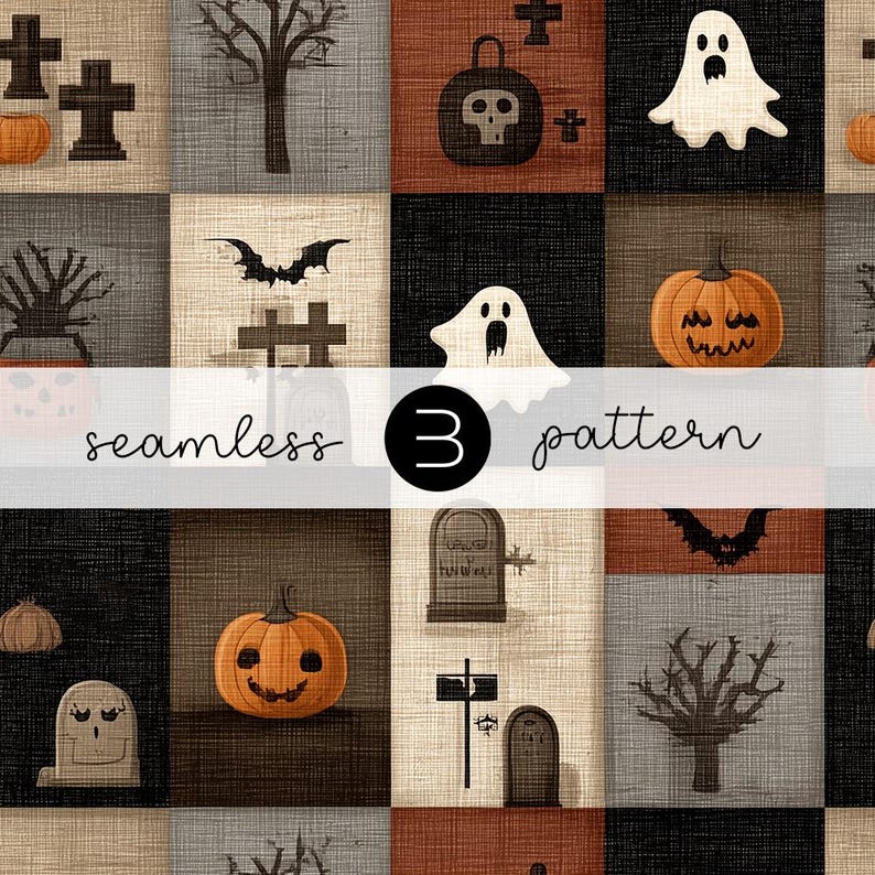 May include: A seamless Halloween pattern with a grid of squares, each containing spooky illustrations. The design includes pumpkins, ghosts, bats, tombstones, and a skull lantern. The text "seamless 3 pattern" is overlaid on the design.