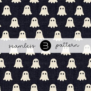 Può includere: Un motivo senza cuciture con ripetute illustrazioni di fantasmi bianco sporco su uno sfondo blu scuro. I fantasmi hanno forme semplici e arrotondate con due piccoli punti neri per gli occhi. Il testo "seamless 3 pattern" è visualizzato nell'immagine.