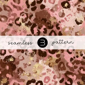 May include: Seamless pattern with a leopard print design in shades of pink, brown, and gold. The text "seamless 3 pattern" is displayed across the image in a white banner.