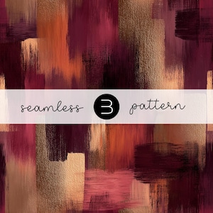 Könnte beinhalten: Nahtloses Muster mit vertikalen Pinselstrichen in Burgunder-, Gold- und Orangetönen. Der Text "seamless 3 pattern" wird auf einem weißen Banner angezeigt. Das Design hat ein strukturiertes, gemaltes Aussehen.