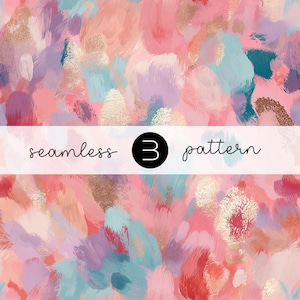 Peut inclure: Motif de motif sans couture de style pictural. Le motif présente des coups de pinceau dans les tons de rose, pêche, lavande, sarcelle et or. Le texte "seamless 3 pattern" est affiché dans une bannière blanche sur l'image.