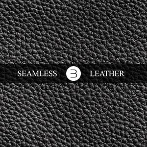 May include: A close-up of black leather texture with a pebbled surface. The words "SEAMLESS LEATHER" are displayed in white text on a black band across the image. A white circle with the number "3" is between the words.