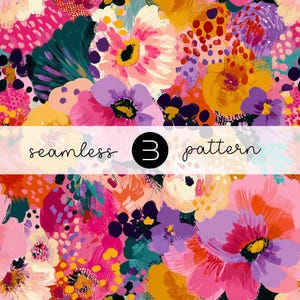 May include: A vibrant floral pattern with a mix of pink, purple, yellow, and teal brushstrokes. The design features large, stylized flowers and abstract shapes. The text "seamless 3 pattern" is displayed on a white banner.