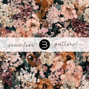 May include: A seamless pattern featuring a dense floral design with thick, visible brushstrokes in shades of dusty pink, deep burgundy, and burnt orange against a dark forest green background, with the text seamless 3 pattern overlaid.