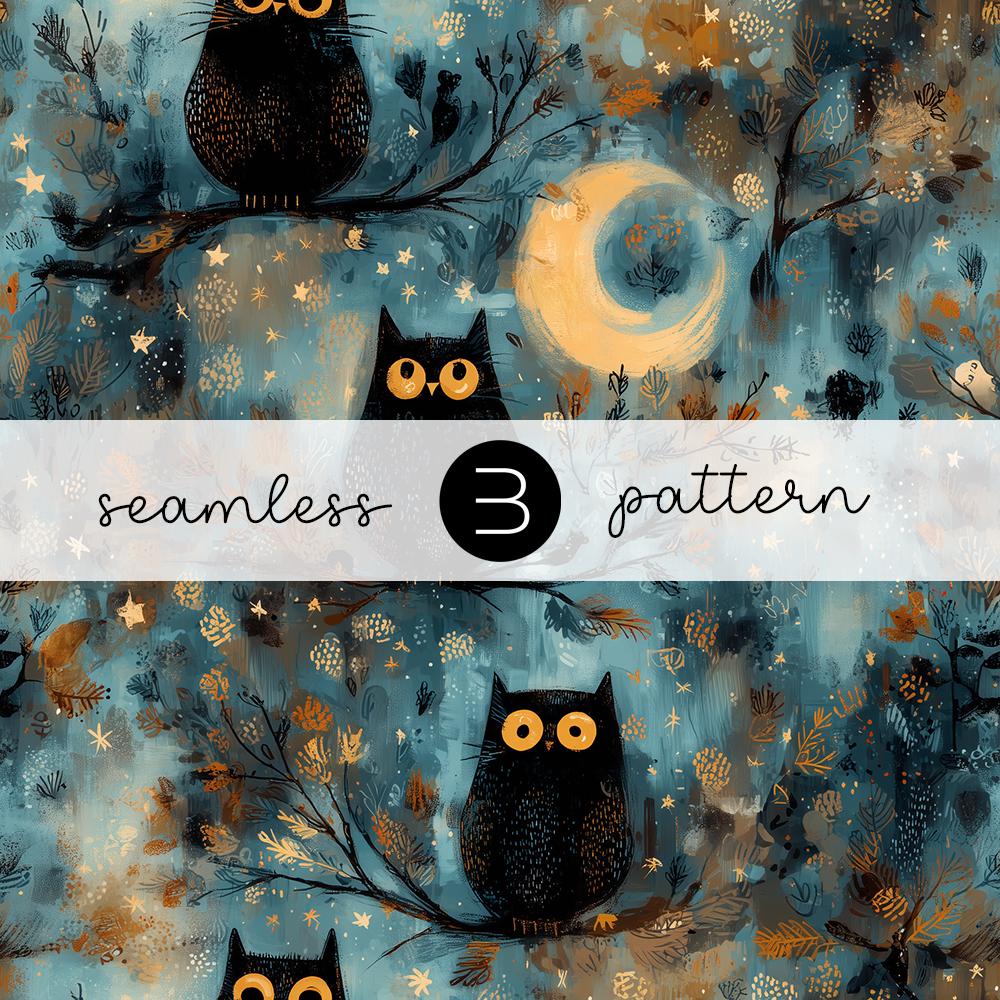 Halloween Owl Pattern - Seamless Cute Night Owls on Tree Branches, Autumn Moon Forest Design