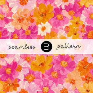 Puede incluir: Un vibrante patrón floral con una mezcla de flores rosas, naranjas y amarillas. El diseño incluye el texto "seamless 3 pattern" en una pancarta blanca. Las flores están pintadas con pinceladas visibles, creando un aspecto texturizado.