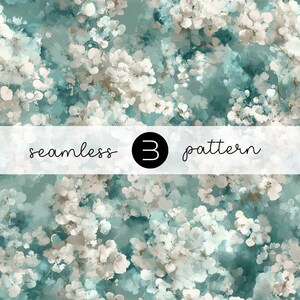 Peut inclure: Motif sans couture à effet aquarelle. Le design présente des éléments floraux blancs et beiges sur un fond bleu et turquoise. Le texte "seamless 3 pattern" est affiché sur une bannière blanche.