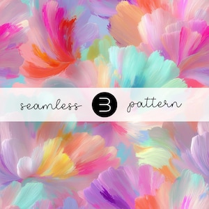 Pode incluir: Padrão floral abstrato em um design sem costura. A obra de arte apresenta uma mistura vibrante de cores, incluindo rosa, laranja, azul e roxo, com o texto "seamless 3 pattern" em uma faixa branca.