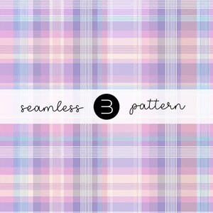 Puede incluir: Patrón sin costuras en colores pastel lavanda, rosa y azul, con líneas blancas verticales y horizontales que crean un diseño de cuadros. El texto "seamless 3 pattern" se muestra en una pancarta blanca.