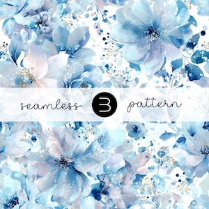May include: A seamless pattern featuring watercolour-style blue flowers and foliage on a white background. The design includes various shades of blue, with accents of gold and the text "seamless 3 pattern".