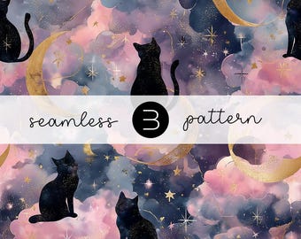 May include: A seamless pattern with black cat silhouettes, gold moons, and stars set against a dreamy background of pink, purple, and navy clouds. The text "seamless 3 pattern" is displayed.