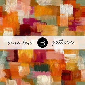 May include: Abstract seamless pattern with a textured, brushstroke effect. The design features a palette of warm colors, including orange, yellow, red, and white, arranged in rectangular shapes. The text "seamless 3 pattern" is displayed across the image.
