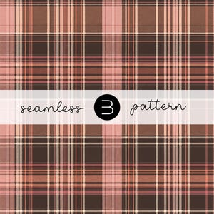 May include: A seamless plaid pattern featuring intersecting lines in shades of dark brown, muted pink, and cream. A horizontal white band overlays the center, displaying the text seamless 3 pattern with the number 3 inside a black circle.