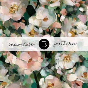 Peut inclure: Motif floral sans couture de style pictural. Le design présente des fleurs blanches, roses et dorées avec un feuillage vert. Le texte "seamless 3 pattern" est superposé à l'image.