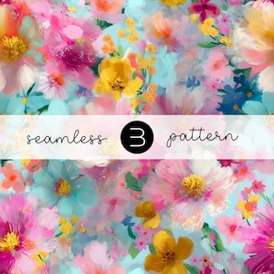 Puede incluir: Un vibrante patrón floral con una mezcla de flores rosas, amarillas y azules. El diseño incluye el texto "seamless 3 pattern" en una pancarta blanca. Las flores tienen un efecto de acuarela.