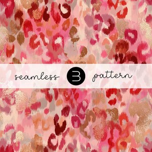 May include: A seamless pattern featuring a vibrant mix of pink, red, and gold leopard print spots. The design includes the text "seamless 3 pattern" in a white banner across the image. The overall aesthetic is bold and colorful.