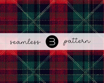 May include: A seamless plaid pattern in red, green, and navy blue. The design features a classic tartan arrangement with intersecting lines and a white banner with the words "seamless 3 pattern".
