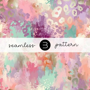 Peut inclure: Motif abstrait sans couture de style pictural. Le design présente des coups de pinceau roses, violets, pêche et vert menthe, avec des accents de feuilles d'or et des formes de léopard. Le texte "seamless 3 pattern" est affiché.