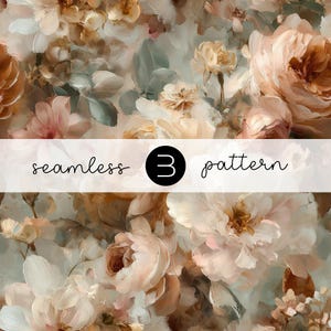 Puede incluir: Un diseño de patrón sin costuras con un arreglo floral pintado en tonos suaves de melocotón, crema y verde salvia. El diseño incluye rosas grandes y detalladas y otras flores. El texto "seamless 3 pattern" se muestra en la imagen.
