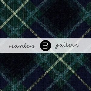 May include: Seamless plaid pattern in navy blue, green, and yellow. The design features intersecting diagonal lines creating a classic tartan effect. The text "seamless 3 pattern" is displayed on a white banner.