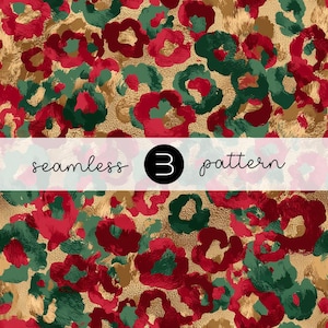 May include: A seamless pattern featuring a gold textured background with red and green leopard print spots. The text "seamless 3 pattern" is displayed in a white font.