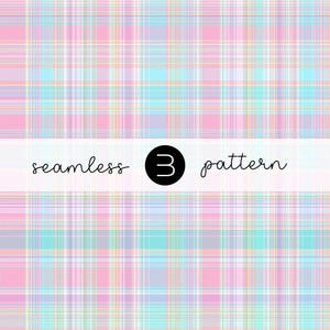 May include: A seamless pattern in pastel colors, featuring a plaid design with pink, blue, and green hues. The pattern includes the text "seamless 3 pattern" in a white banner.
