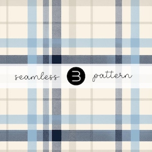 May include: A seamless plaid pattern in cream, light blue, and navy blue. The design features intersecting vertical and horizontal lines, creating a grid-like pattern. The text "seamless 3 pattern" is displayed in the center.