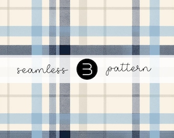 May include: A seamless plaid pattern in cream, light blue, and navy blue. The design features intersecting vertical and horizontal lines, creating a grid-like pattern. The text "seamless 3 pattern" is displayed in the center.