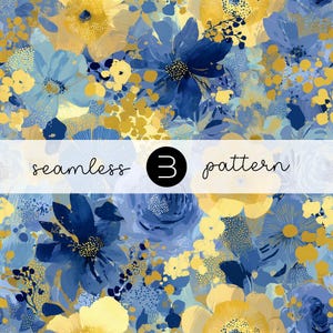 May include: Seamless floral pattern in shades of blue and yellow. The design features stylized flowers and foliage with the words "seamless 3 pattern" in a white banner across the image.