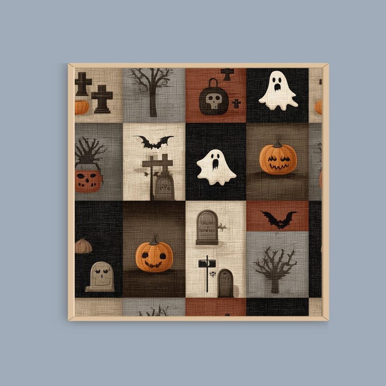 May include: A framed artwork with a Halloween theme, showcasing a patchwork design with spooky elements. The artwork features pumpkins, ghosts, bats, tombstones, and trees in a grid pattern. The colour scheme includes orange, black, brown, and beige.