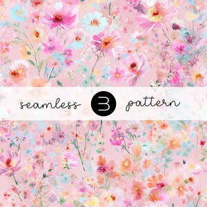 May include: A seamless floral pattern in shades of pink, peach, and blue. The design features a variety of flowers, including daisies and other wildflowers, with the text "seamless 3 pattern" in a white banner.
